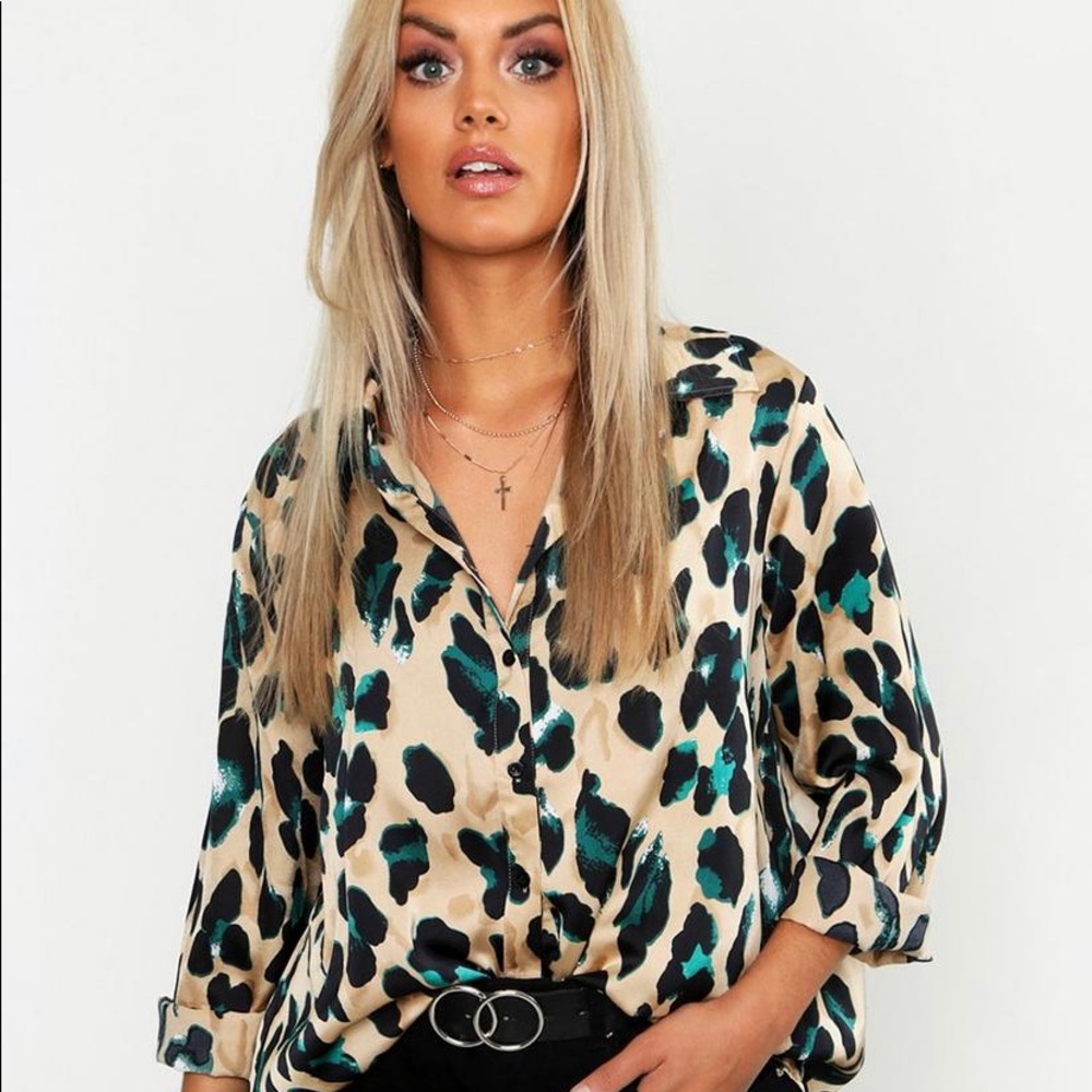 Boohoo Plus Satin Leopard Print Shirt
